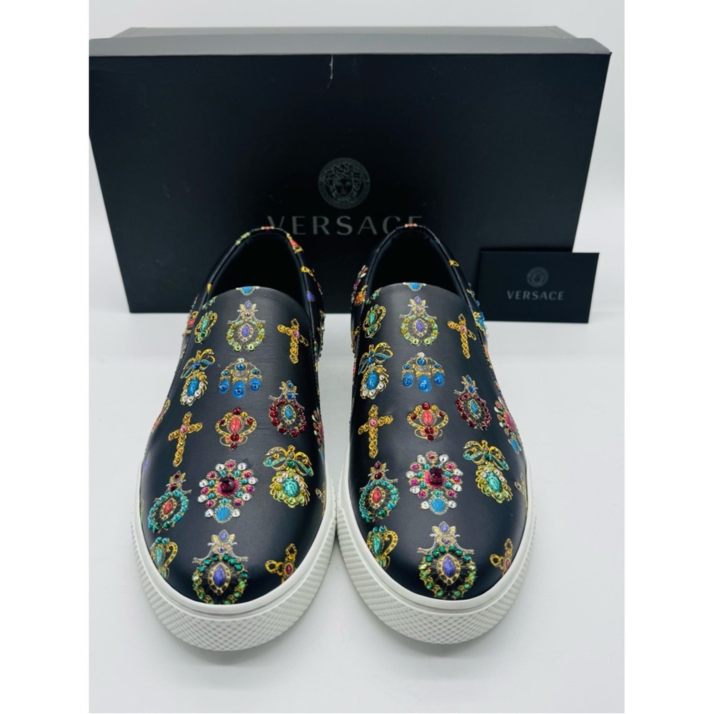 Versace Men Black Leather Crystal Embellished Baroque Slip On Sneakers DSU5176